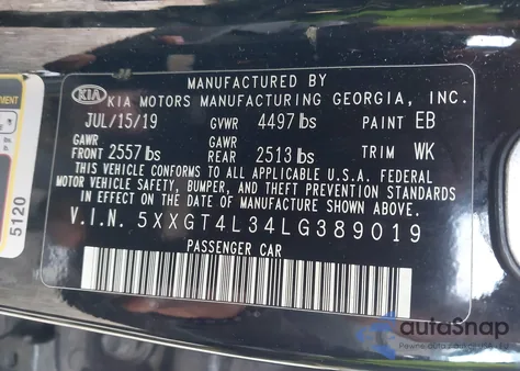 2020 Kia Optima Lx z USA, uszkodzony, nr VIN 5XXGT4L34LG389019